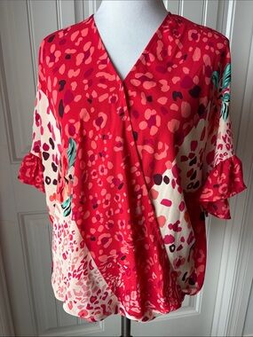 Women’s Red Floral-Print Surplice Blouse